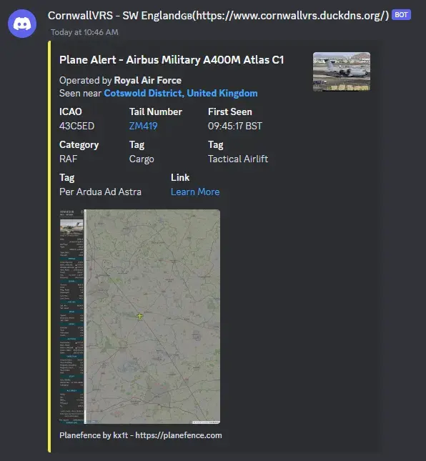 Discord bot posting a plane sighting once entered a geofence